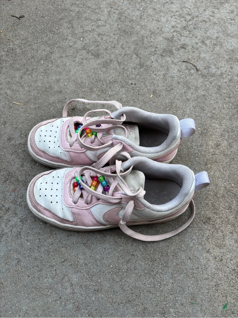 Nike Pink and White Girls Sneakers with Colorful Bead Laces